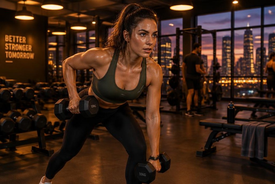 Aydınlık fitness stüdyosunda antrenman yapan kadın