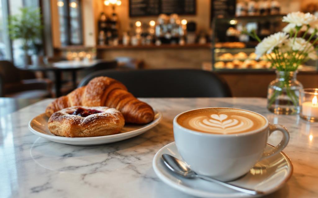 Kafede latte art kahve ve taze kruvasan