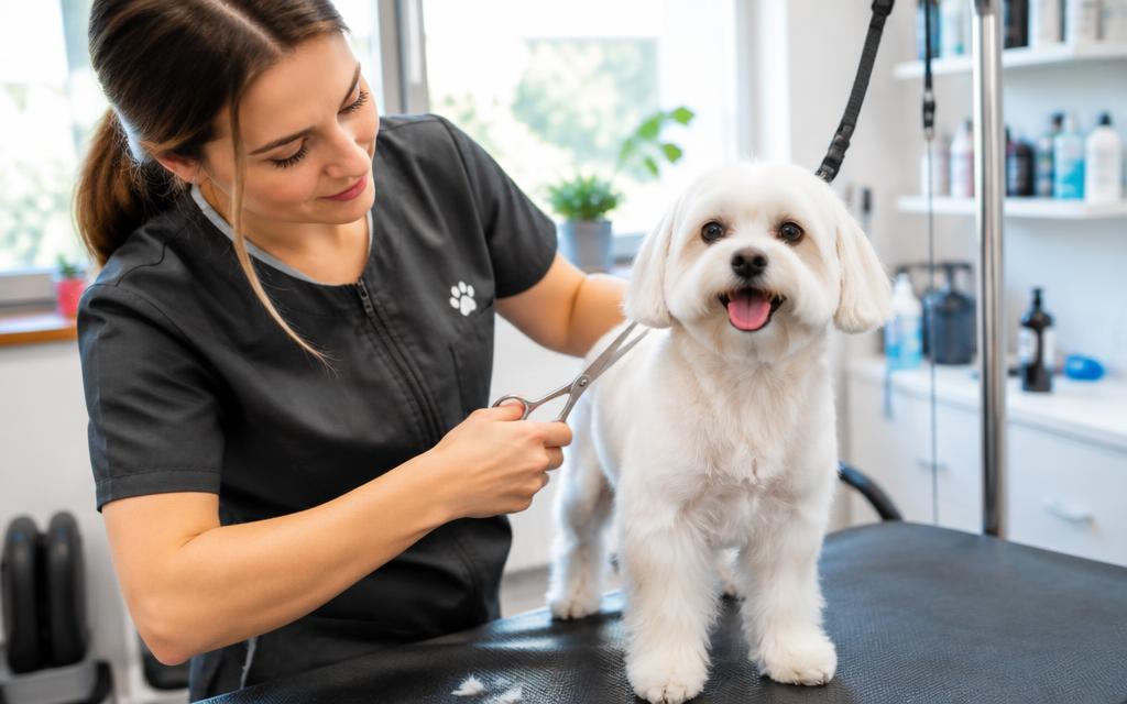 Pet kuaföründe tıraş edilen sevimli köpek