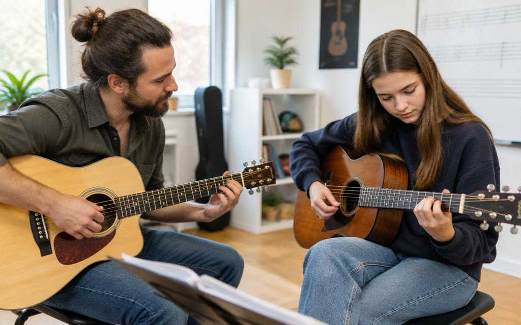 Müzik stüdyosunda gitar dersi veren öğretmen ve öğrenci